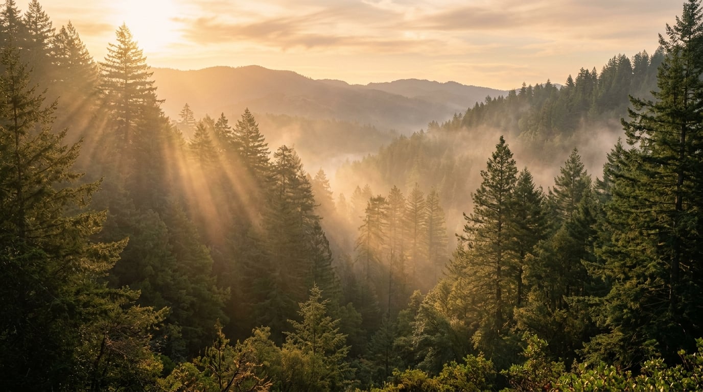 Serene golden hour pine forest mist
